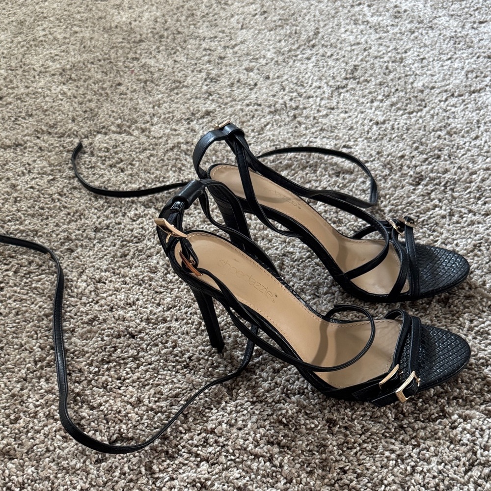 Shoe Dazzle Black Strappy Heels with Gold Accents